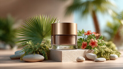Natural cleansing balm jar on warm beige backdrop with leaves for product, soft natural lighting