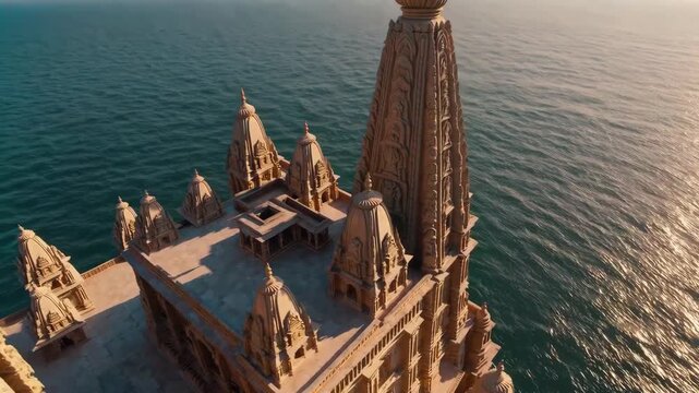 Ancient Hindu city of Dwarka with temples above the ocean.