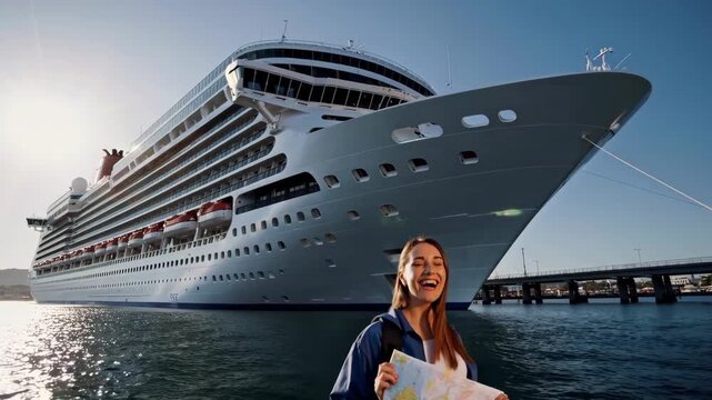 Young woman with map standing in front of large cruise ship.
