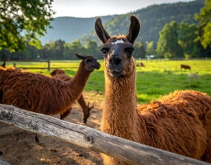 Fototapeta premium Llamas in a grassy field, sunlit