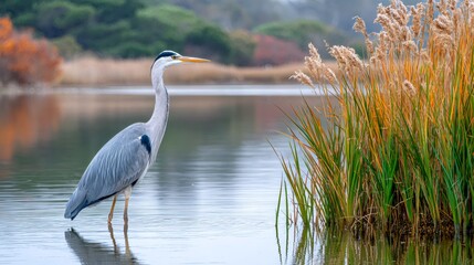 Naklejka premium Grey heron bird standing in water with reeds