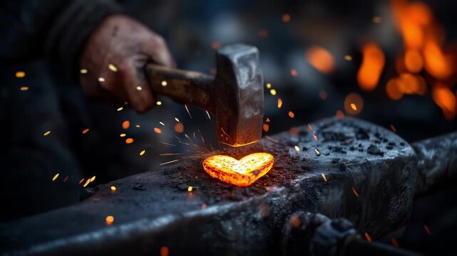 Seamless loop of forging glowing heart on anvil with hammer, symbol of strength and love
