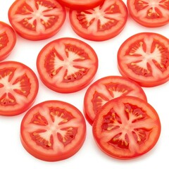 Freshly sliced tomatoes arranged on a white background, top view composition