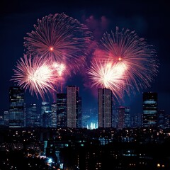 City Skyline Illuminated by Colorful Fireworks Against Dark Sky at Night