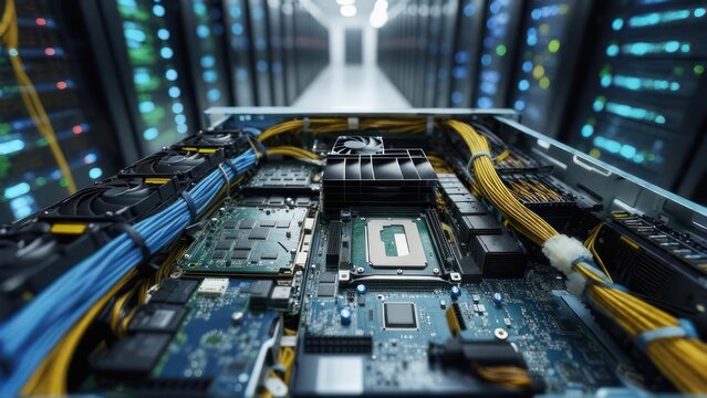 Intricate server hardware with glowing data center racks, representing powerful technology and digital infrastructure innovation for modern business solutions. - Powered by Adobe