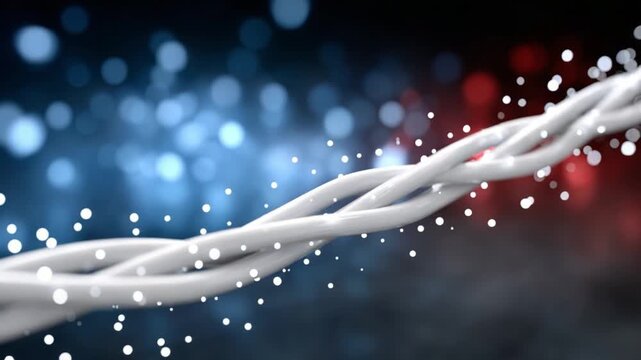 Braided Cable of Technology: A close-up shot of a white braided cable, symbolizing the intricate connections of technology, set against a blurry, contrasting backdrop of blue and red.