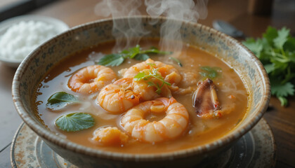 Hot shrimp soup with spices and herbs in a rustic bowl