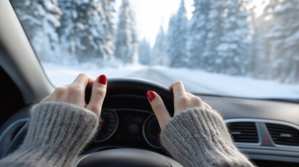 Woman with red nails wearing cozy sweater grips steering wheel of car driving through snowy forest landscape, showcasing winter driving experience and scenic beauty