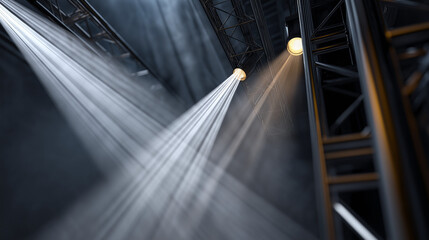 Dramatic lighting beams illuminate a dark stage, showcasing the intricate metal framework and creating a captivating atmosphere for performance and artistic expression