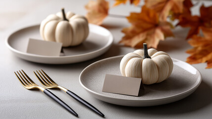 Elegant table setting featuring two white pumpkins on gray plates, accompanied by black and gold forks, surrounded by autumn leaves, creating a cozy seasonal atmosphere
