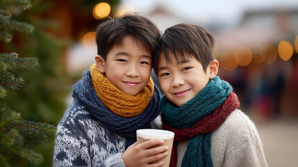 Two smiling Asian boys wearing colorful scarves are standing close together, holding a warm beverage, surrounded by festive lights and holiday decorations, capturing joyful winter moments
