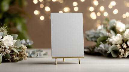 Blank white card mock up on a gold stand surrounded by elegant floral arrangements and soft bokeh lights creating a serene and inviting atmosphere for design purposes