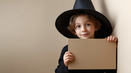 Young child wearing a black witch hat, holding a blank sign against a neutral wall, showcasing playful spirit and creativity in a whimsical setting with soft lighting
