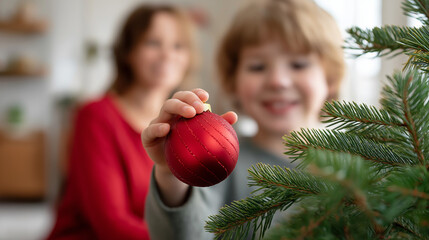Young child holding a red Christmas ornament, smiling joyfully in a cozy home setting, with a decorated tree and a blurred figure in the background, capturing festive spirit and family moments