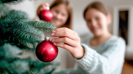 Two young girls joyfully decorating a Christmas tree with red ornaments, surrounded by a cozy indoor setting, capturing the spirit of holiday traditions and family bonding