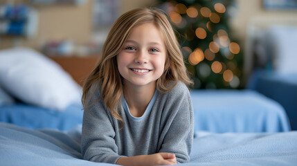 Young girl with long hair, wearing a cozy gray sweater, smiles warmly while sitting on a bed in a softly lit room with a festive tree in the background, radiating joy and comfort