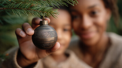 African American woman holding a decorative ornament while smiling with a child in a cozy outdoor setting, surrounded by evergreen branches, celebrating holiday traditions and family bonding