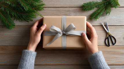 Hands of a person holding a beautifully wrapped gift box with a silver ribbon, surrounded by pine branches and scissors on a rustic wooden table, evoking a festive atmosphere