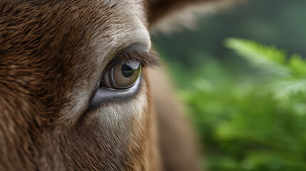 Close-up of a brown animal's eye surrounded by lush green foliage, showcasing intricate details and textures, reflecting nature's beauty and tranquility in a serene environment