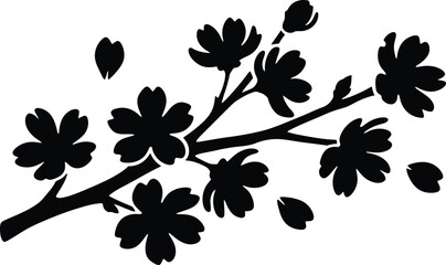 Detailed silhouette of a blooming cherry blossom branch with flowers and falling petals, beautiful spring floral vector illustration. © Munna_SH