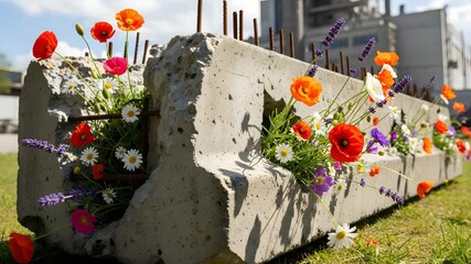 Concrete block with colorful wildflowers growing through rebar against industrial background