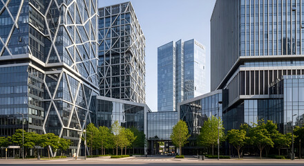 Fototapeta premium Contemporary architecture showcases modern office buildings in a vibrant urban landscape
