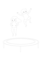 Boy and girl jumping on a trampoline. Vector illustration.