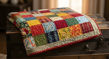 Handmade Patchwork Quilt with Visible Stitching on Rustic Chest – Symbol of Care, Legacy, and Home