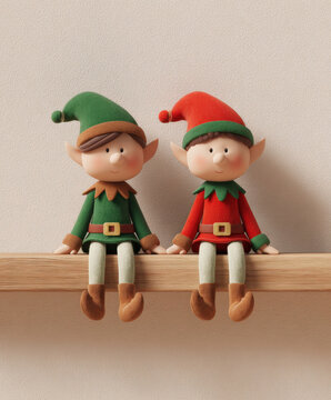 Christmas elves sitting on the side of an old wooden shelf, white background