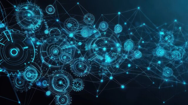 Dynamic glowing blue network of interconnected gears and nodes symbolizes complex technological innovation and data flow. - Powered by Adobe