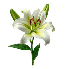Fototapeta premium White lily flower with green leaves and buds, elegant natural beauty with soft petals and vibrant stamens