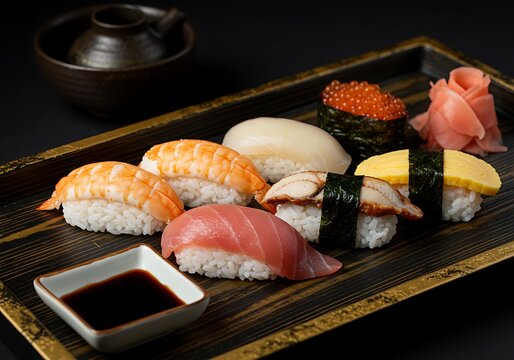 Assortment of sushi on wooden tray - Powered by Adobe
