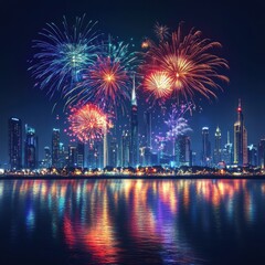Colorful Fireworks Exploding Over a Night Skyline with Water Reflection at Night