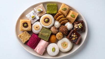 A vibrant assortment of traditional sweets arranged beautifully on a plate, perfect for celebrations and gatherings.