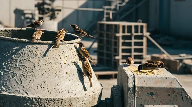 Flock of sparrows feeding on crumbs over concrete mixer at construction site