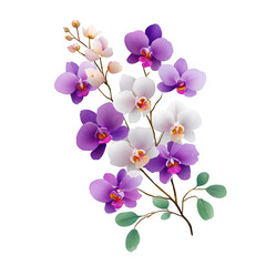 Orchid flower branch with purple and white petals and green leaves creating delicate and elegant natural beauty