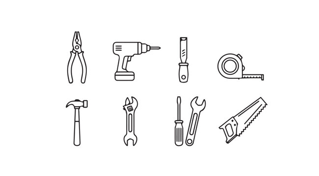 Collection of hand drawn construction and repair tools silhouette