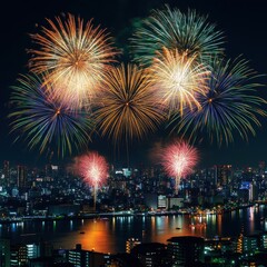 Fireworks Display Over Cityscape at Night with Reflections in Water