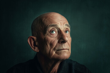 Close-up portrait of an elderly man with expressive wrinkles and a thoughtful gaze looking upward against a dark textured background, dramatic studio lighting highlighting facial features.
