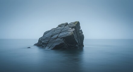 Solitary rock formation in calm sea under a foggy overcast sky