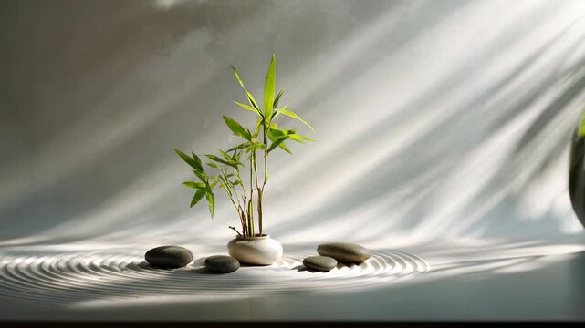 Gentle sunbeams wash over a young plant in raked sand, polished stones catching light as the minimalist zen arrangement conveys calm focus, simplicity, and grounding for meditation and health content