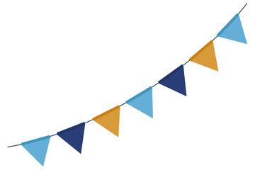 Colorful festive bunting garland with triangular flags in blue and yellow tones. Minimal flat illustration perfect for party decorations, birthday invitations, Hanukkah celebrations, holiday posters