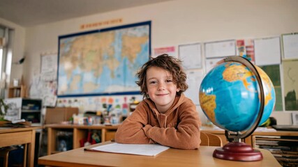 Happy student poses by a colorful globe in a lively classroom, bright expressions and academic props signaling curiosity, geography, and the joy of learning in inspiring education visuals - Powered by Adobe