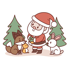 Fototapeta premium Cute santa claus with forest animals in a snowy winter scene