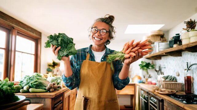 Smiling vendor presents a colorful armful of fresh vegetables in a sunlit kitchen, rustic textures and natural greens promoting farm‑to‑table, healthy cooking, and cheerful small‑business vibes