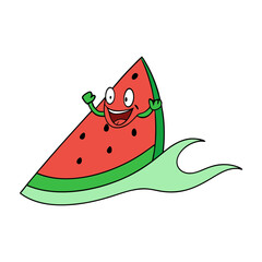 A Surfing Watermelon Slice Riding Ocean Waves 