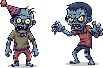 Cartoon zombies, Halloween illustration, scary undead characters, party hat zombie, aggressive pose, horror theme, funny monsters, spooky costume, vector art