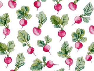 Radish Pattern: A vibrant watercolor pattern showcasing fresh radishes with green leaves, bringing a splash of color and natural beauty to design projects.