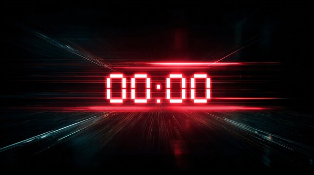 Abstract urgency concept with glowing red countdown timer 00:00 dynamic motion blur light trails.