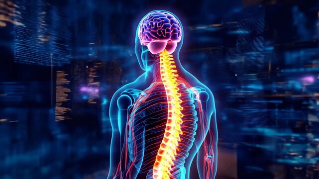 頭から腰までの脊椎を強調した人体イメージ、医療・教育向けの3Dイラスト